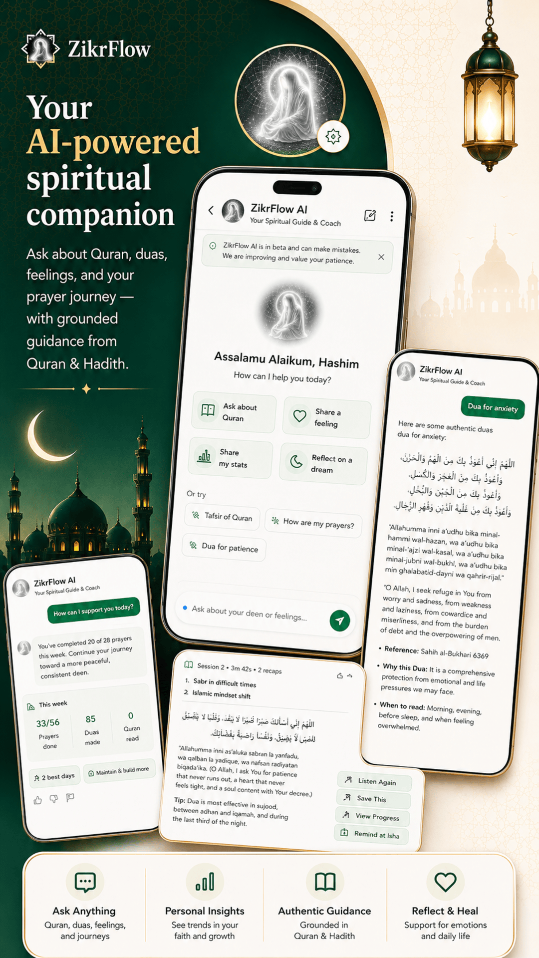 ZikrFlow AI spiritual companion with Quran and Hadith grounded guidance