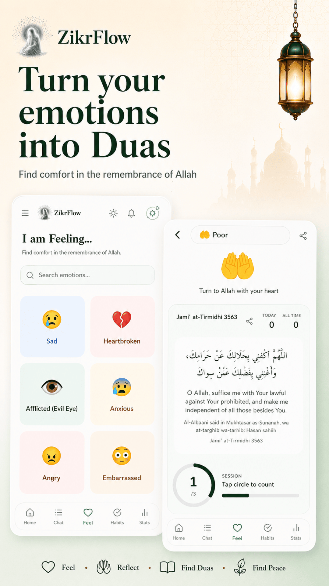 ZikrFlow feelings to duas feature showing emotion-based dua discovery