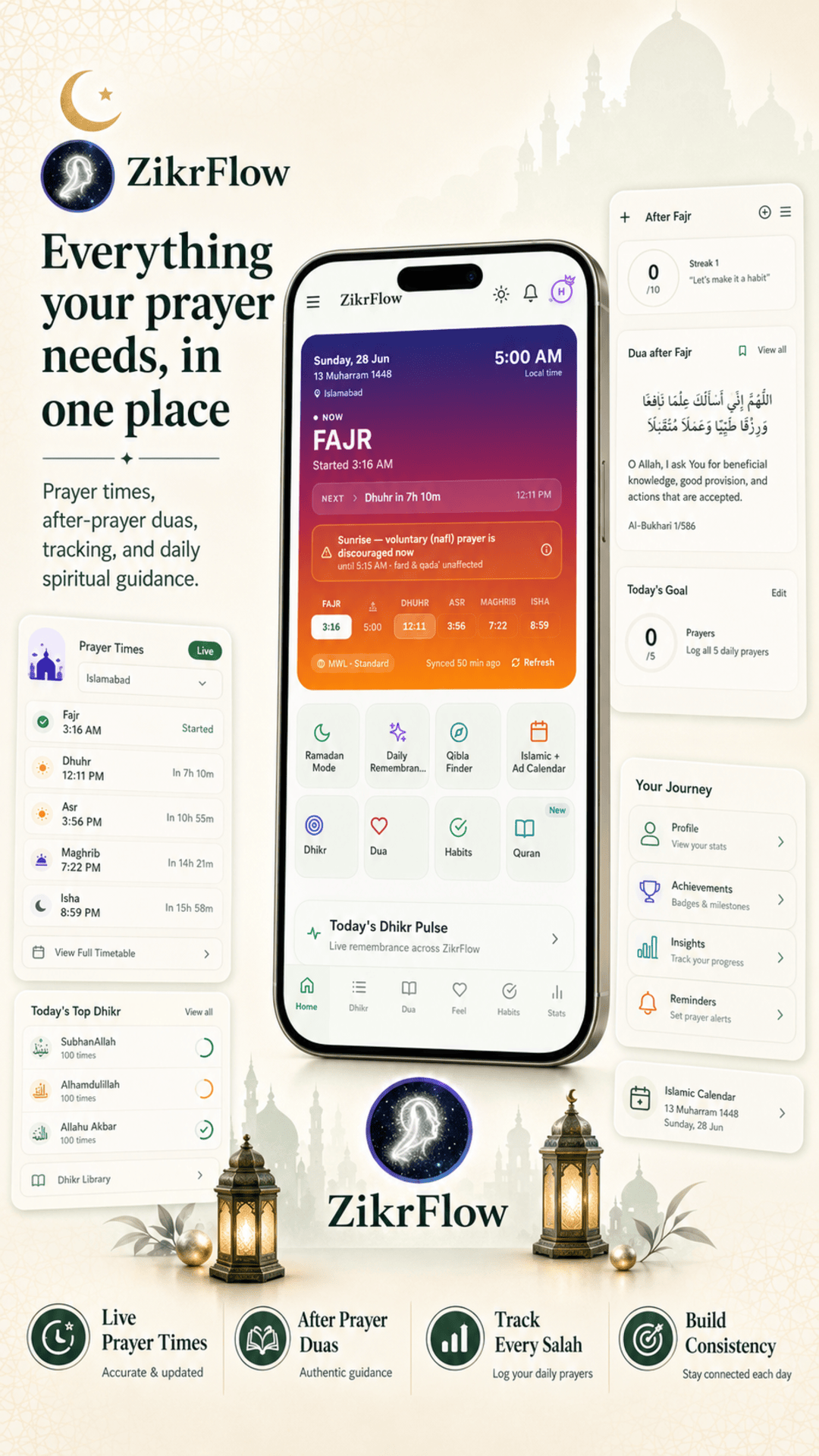 ZikrFlow prayer companion — your calm Islamic day