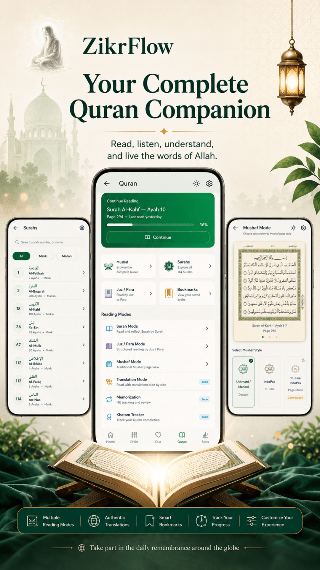 ZikrFlow Quran companion with reading modes, translations, and Mushaf page view