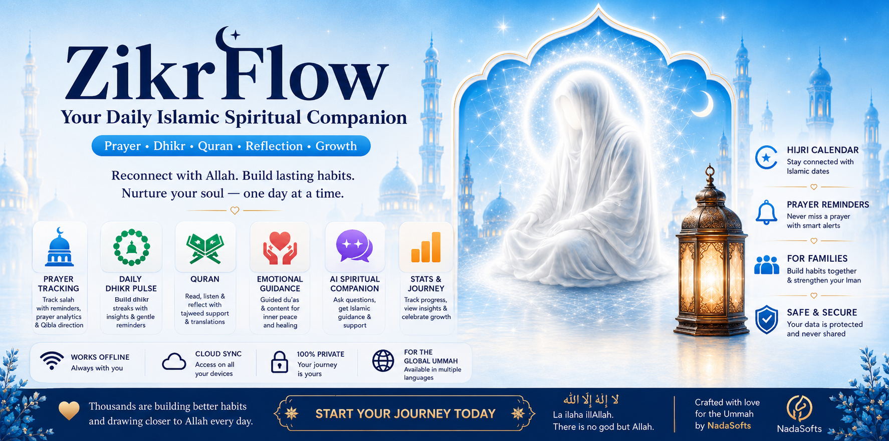 ZikrFlow — Your Daily Islamic Spiritual Companion. Features include prayer tracking, dhikr counter, emotional duas, AI spiritual companion, stats and journey tracking.