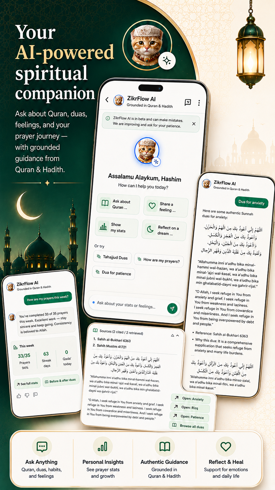 ZikrFlow AI spiritual companion with Quran and Hadith grounded guidance