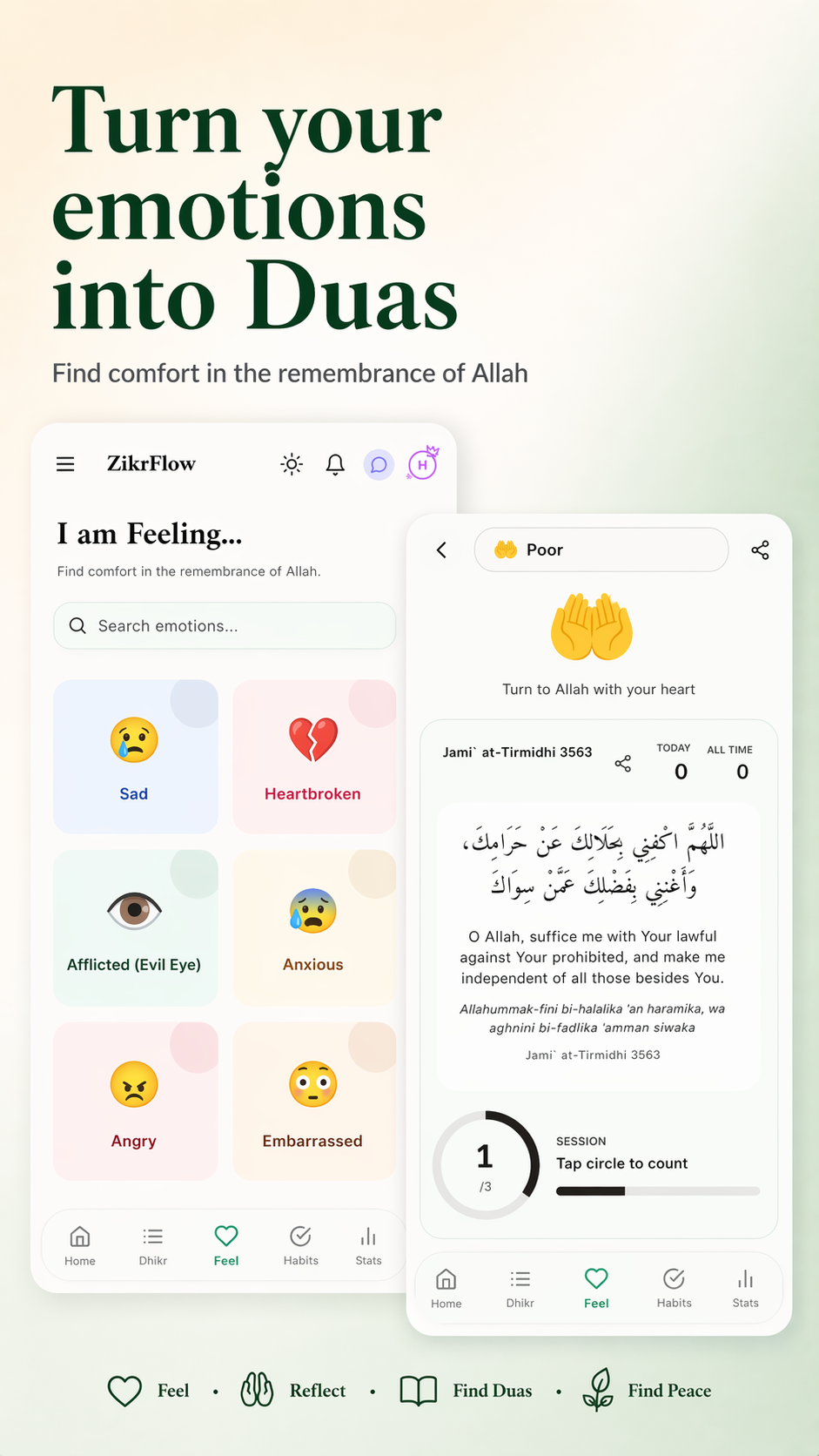 ZikrFlow feelings to duas feature showing emotion-based dua discovery