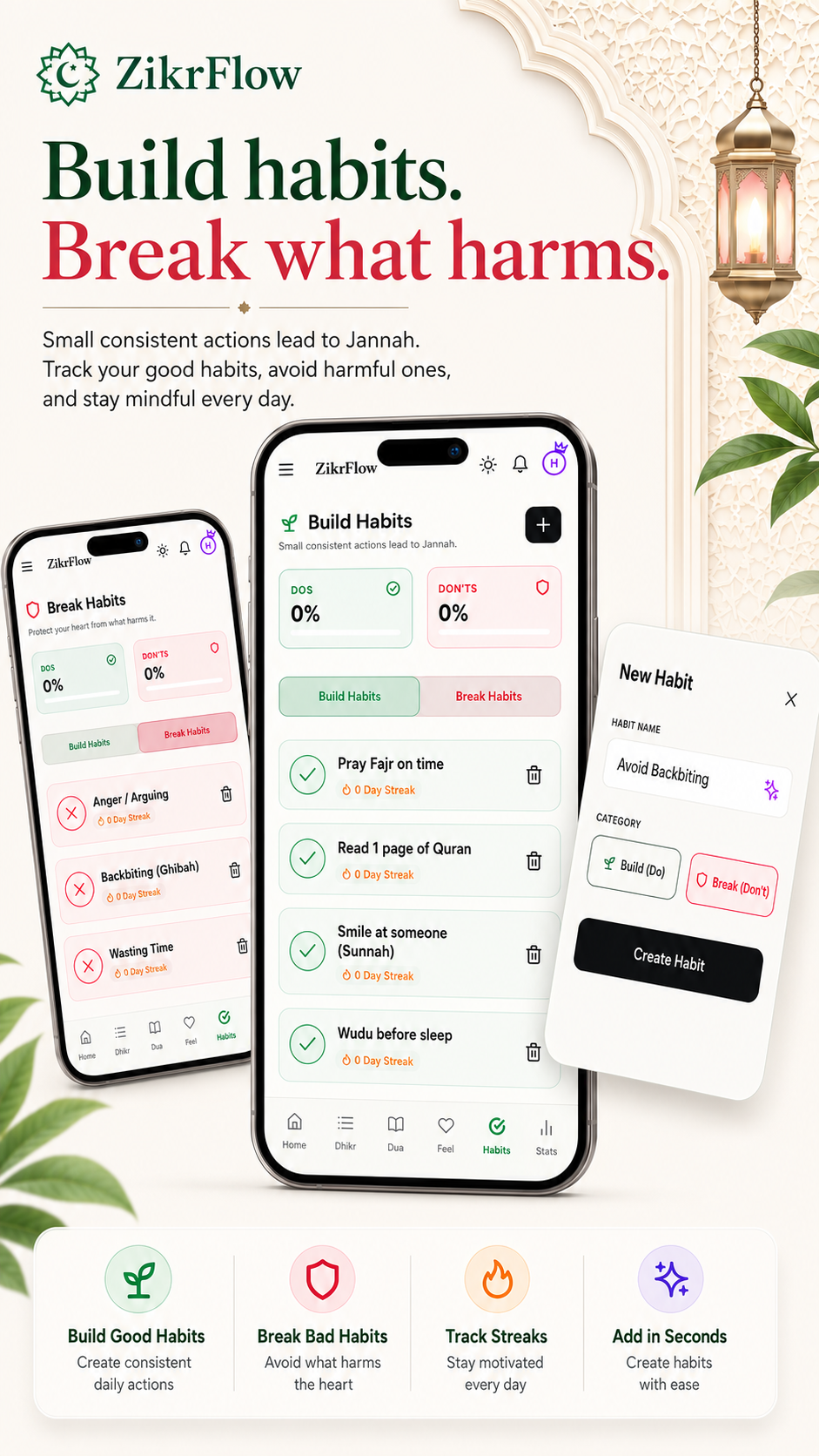ZikrFlow habits tracker showing good habits building and streak tracking