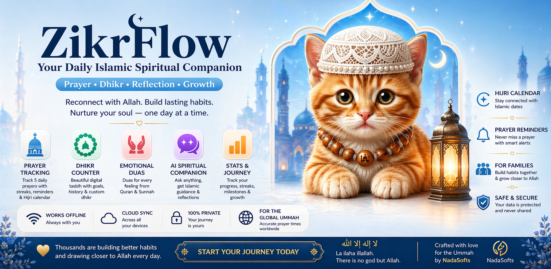ZikrFlow — Your Daily Islamic Spiritual Companion. Features include prayer tracking, dhikr counter, emotional duas, AI spiritual companion, stats and journey tracking.